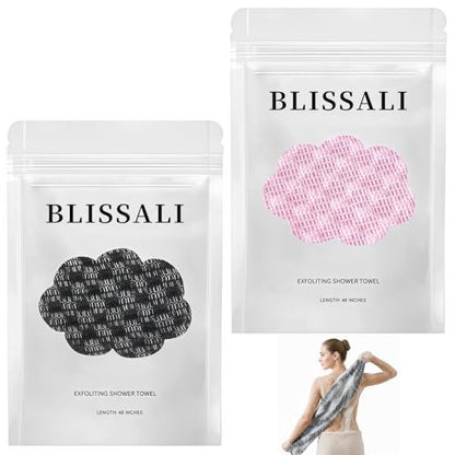 Blissal Exfoliating Shower Towel – Premium Microfiber Scrub Towel, Quick-Drying, Durable & Gentle, 2-in-1 Body Scrubber for All Skin Types (Black + Pink) Avelisse