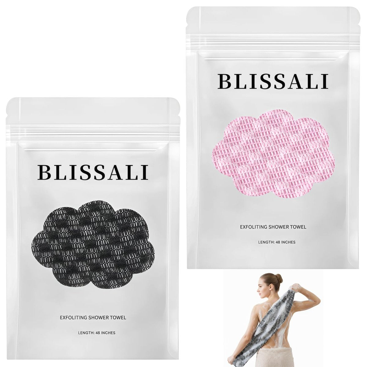 Blissal Exfoliating Shower Towel – Premium Microfiber Scrub Towel, Quick-Drying, Durable & Gentle, 2-in-1 Body Scrubber for All Skin Types (Black + Pink) Avelisse