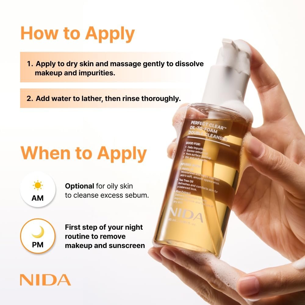 NIDA Perfect Clear™ Oil-To-Foam Double Cleanser | Jojoba Oil, Tea Tree Oil, Rice Extract | For Daily Impurities, Excess Sebum, Pore Cleaning, Blackheads | 4.90 fl. oz. Avelisse