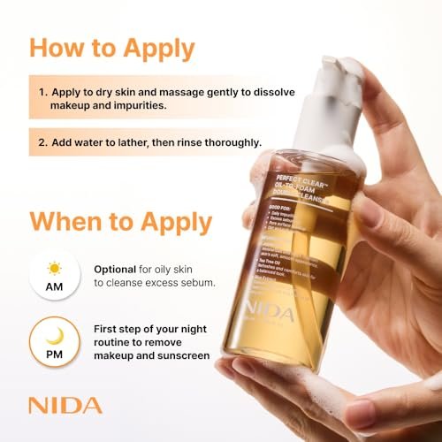 NIDA Perfect Clear™ Oil-To-Foam Double Cleanser | Jojoba Oil, Tea Tree Oil, Rice Extract | For Daily Impurities, Excess Sebum, Pore Cleaning, Blackheads | 4.90 fl. oz. Avelisse