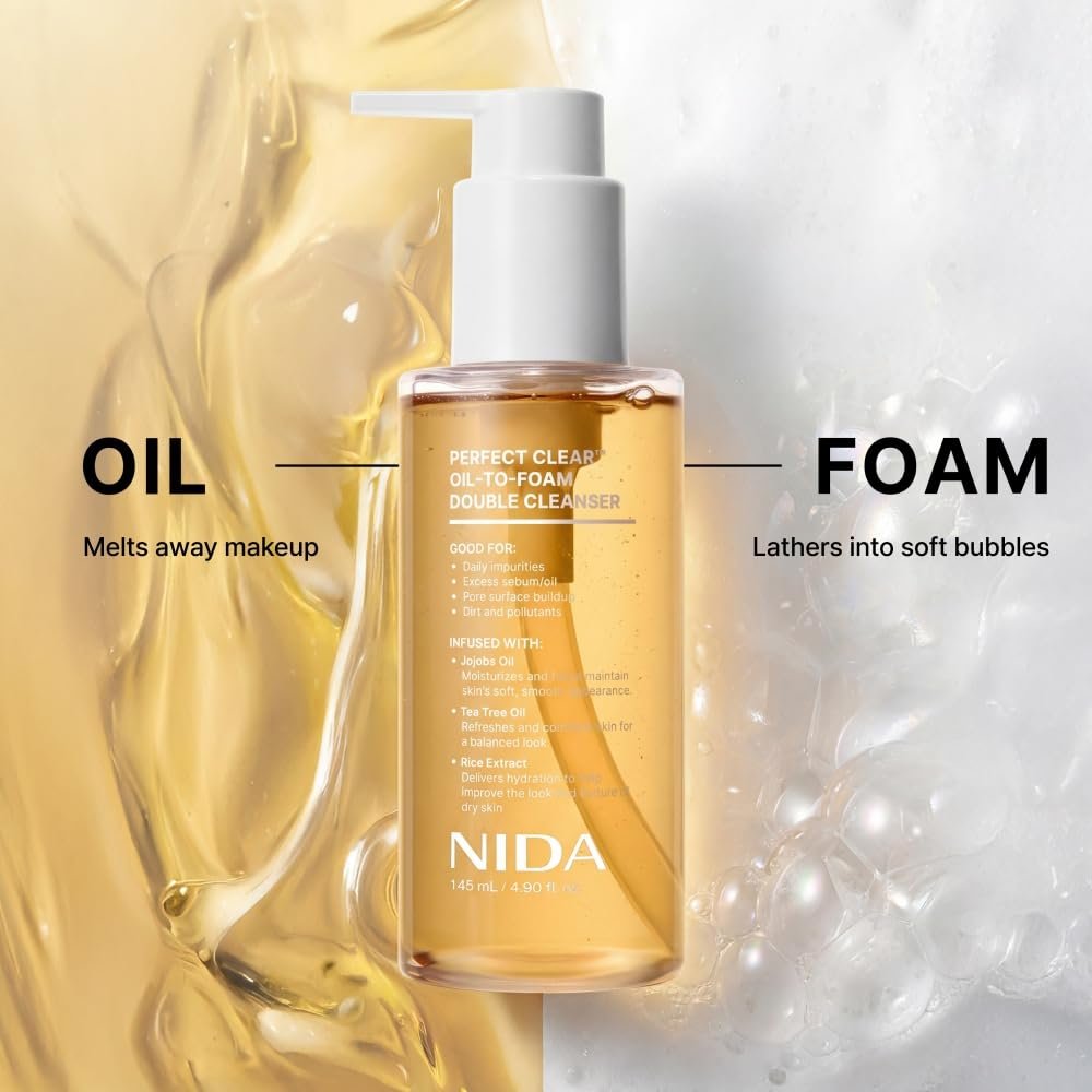 NIDA Perfect Clear™ Oil-To-Foam Double Cleanser | Jojoba Oil, Tea Tree Oil, Rice Extract | For Daily Impurities, Excess Sebum, Pore Cleaning, Blackheads | 4.90 fl. oz. Avelisse