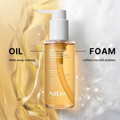 NIDA Perfect Clear™ Oil-To-Foam Double Cleanser | Jojoba Oil, Tea Tree Oil, Rice Extract | For Daily Impurities, Excess Sebum, Pore Cleaning, Blackheads | 4.90 fl. oz. Avelisse