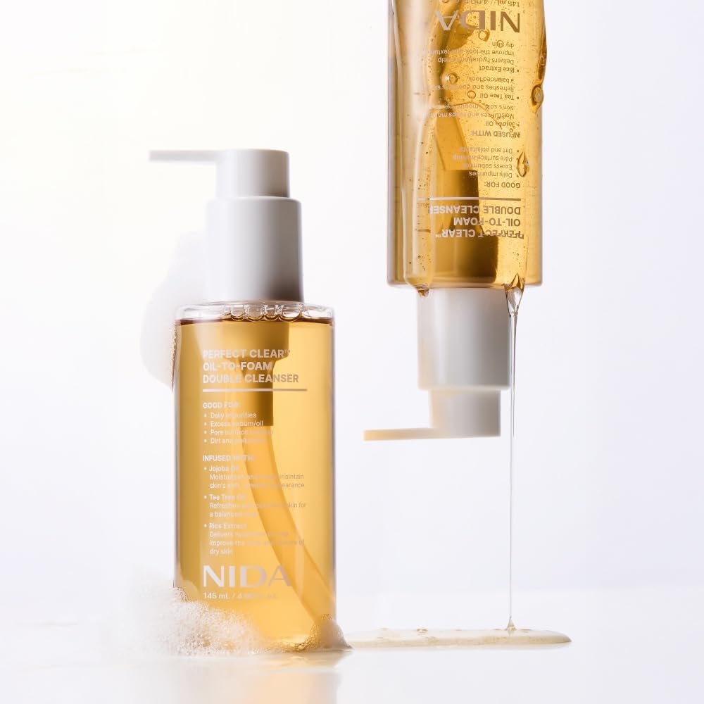 NIDA Perfect Clear™ Oil-To-Foam Double Cleanser | Jojoba Oil, Tea Tree Oil, Rice Extract | For Daily Impurities, Excess Sebum, Pore Cleaning, Blackheads | 4.90 fl. oz. Avelisse