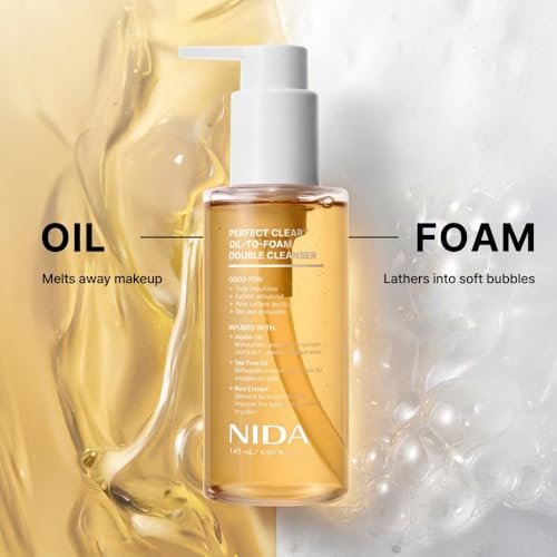 NIDA Perfect Clear™ Oil-To-Foam Double Cleanser | Jojoba Oil, Tea Tree Oil, Rice Extract | For Daily Impurities, Excess Sebum, Pore Cleaning, Blackheads | 4.90 fl. oz. Avelisse