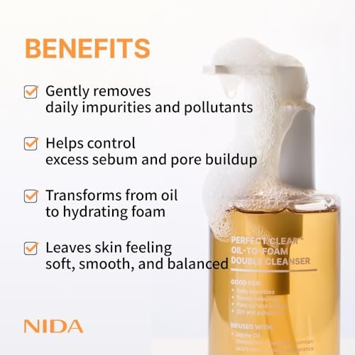 NIDA Perfect Clear™ Oil-To-Foam Double Cleanser | Jojoba Oil, Tea Tree Oil, Rice Extract | For Daily Impurities, Excess Sebum, Pore Cleaning, Blackheads | 4.90 fl. oz. Avelisse