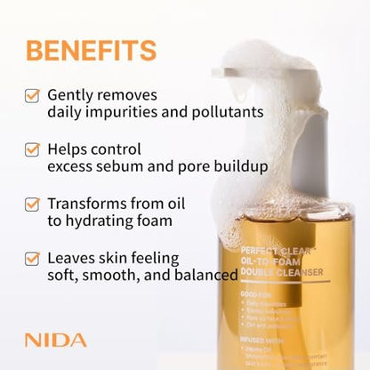 NIDA Perfect Clear™ Oil-To-Foam Double Cleanser | Jojoba Oil, Tea Tree Oil, Rice Extract | For Daily Impurities, Excess Sebum, Pore Cleaning, Blackheads | 4.90 fl. oz. Avelisse
