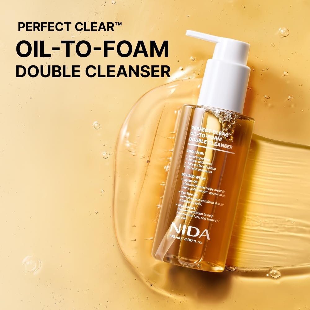 NIDA Perfect Clear™ Oil-To-Foam Double Cleanser | Jojoba Oil, Tea Tree Oil, Rice Extract | For Daily Impurities, Excess Sebum, Pore Cleaning, Blackheads | 4.90 fl. oz. Avelisse