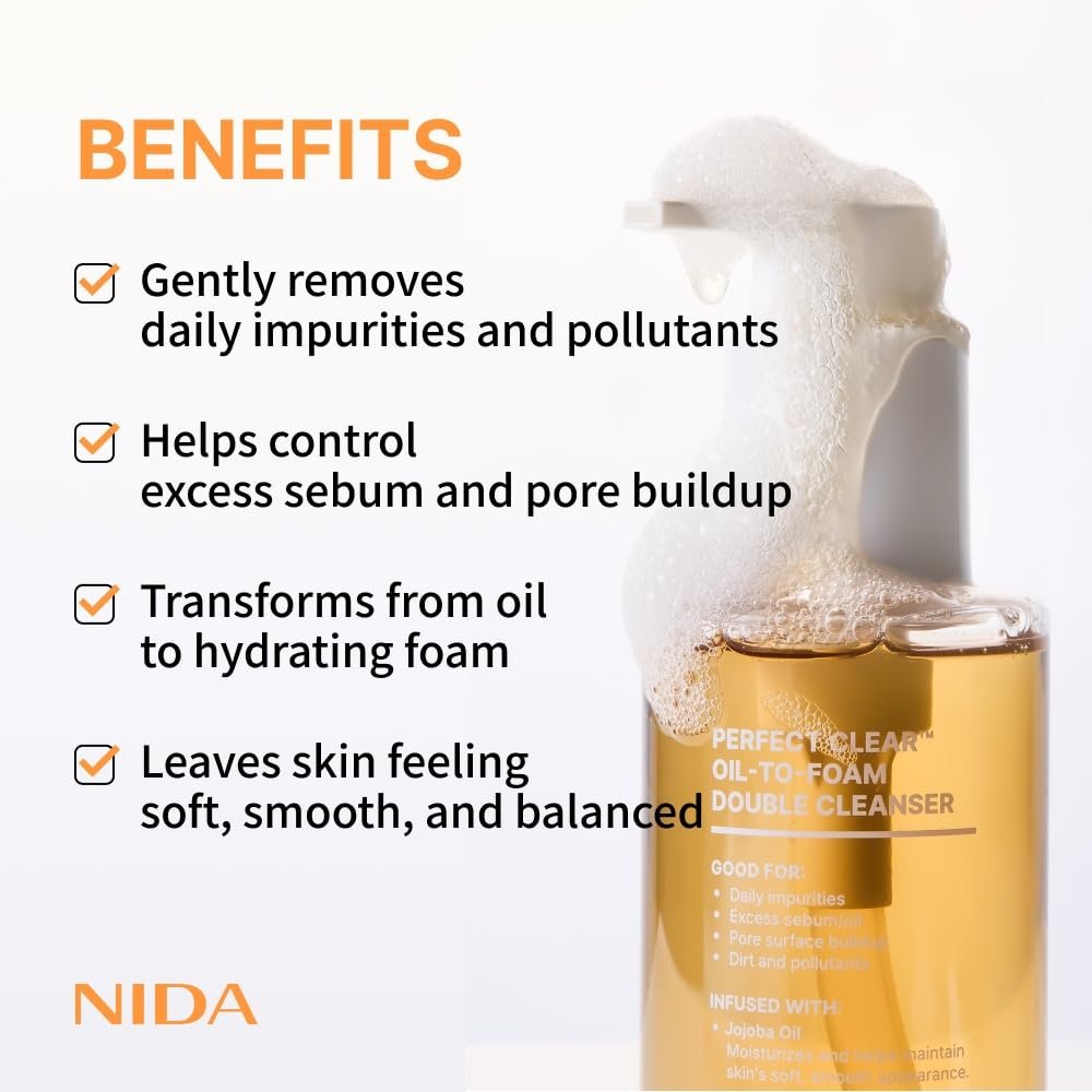 NIDA Perfect Clear™ Oil-To-Foam Double Cleanser | Jojoba Oil, Tea Tree Oil, Rice Extract | For Daily Impurities, Excess Sebum, Pore Cleaning, Blackheads | 4.90 fl. oz. Avelisse