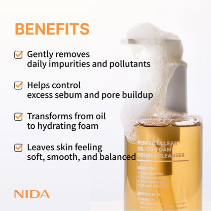 NIDA Perfect Clear™ Oil-To-Foam Double Cleanser | Jojoba Oil, Tea Tree Oil, Rice Extract | For Daily Impurities, Excess Sebum, Pore Cleaning, Blackheads | 4.90 fl. oz. Avelisse