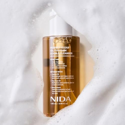 NIDA Perfect Clear™ Oil-To-Foam Double Cleanser | Jojoba Oil, Tea Tree Oil, Rice Extract | For Daily Impurities, Excess Sebum, Pore Cleaning, Blackheads | 4.90 fl. oz. Avelisse
