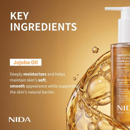 NIDA Perfect Clear™ Oil-To-Foam Double Cleanser | Jojoba Oil, Tea Tree Oil, Rice Extract | For Daily Impurities, Excess Sebum, Pore Cleaning, Blackheads | 4.90 fl. oz. Avelisse