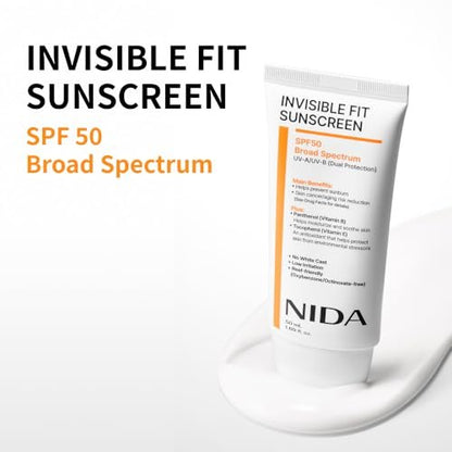 NIDA Invisible Fit Sunscreen SPF 50 – No White Cast, Hydrating & Lightweight for All Skin Types (1.69 fl oz) Avelisse