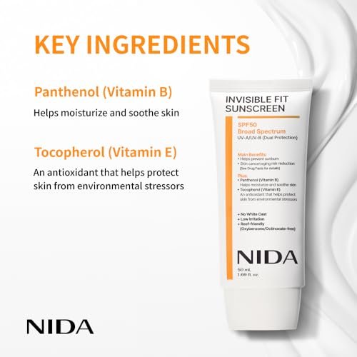 NIDA Invisible Fit Sunscreen SPF 50 – No White Cast, Hydrating & Lightweight for All Skin Types (1.69 fl oz) Avelisse