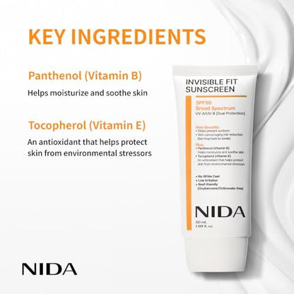 NIDA Invisible Fit Sunscreen SPF 50 – No White Cast, Hydrating & Lightweight for All Skin Types (1.69 fl oz) Avelisse