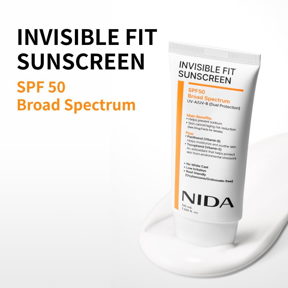 NIDA Invisible Fit Sunscreen SPF 50 – No White Cast, Hydrating & Lightweight for All Skin Types (1.69 fl oz) Avelisse