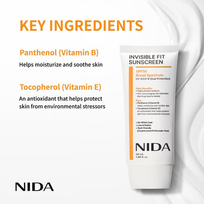 NIDA Invisible Fit Sunscreen SPF 50 – No White Cast, Hydrating & Lightweight for All Skin Types (1.69 fl oz) Avelisse