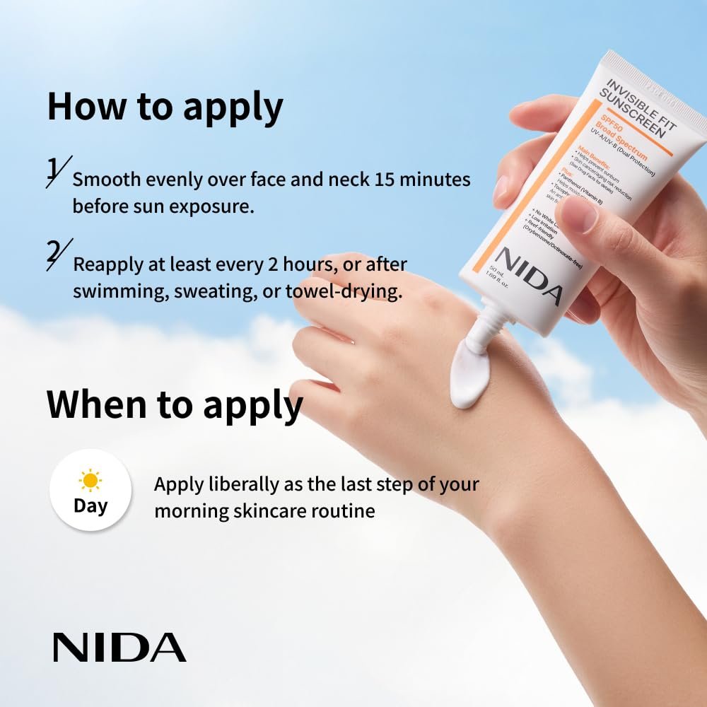 NIDA Invisible Fit Sunscreen SPF 50 – No White Cast, Hydrating & Lightweight for All Skin Types (1.69 fl oz) Avelisse