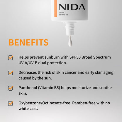 NIDA Invisible Fit Sunscreen SPF 50 – No White Cast, Hydrating & Lightweight for All Skin Types (1.69 fl oz) Avelisse