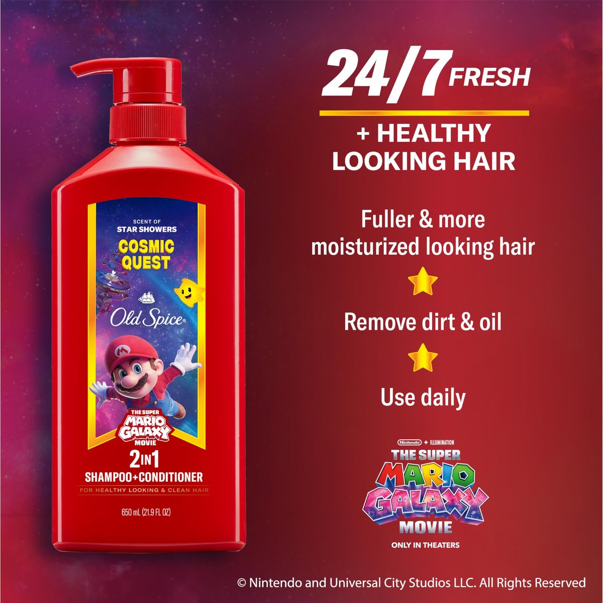 Old Spice Men's 2-in-1 Shampoo and Conditioner, Cosmic Quest, x The Super Mario Galaxy Movie, 21.9 fl oz - görsel 5