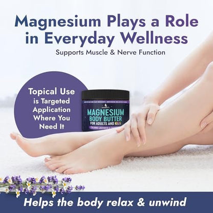 Magnesium Butter for Adults & Kids 4oz - Natural Magnesium Lotion for Sleep, Leg Cramps & Muscle Relaxation with Shea Butter & Vitamin E Avelisse