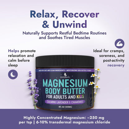 Magnesium Butter for Adults & Kids 4oz - Natural Magnesium Lotion for Sleep, Leg Cramps & Muscle Relaxation with Shea Butter & Vitamin E Avelisse