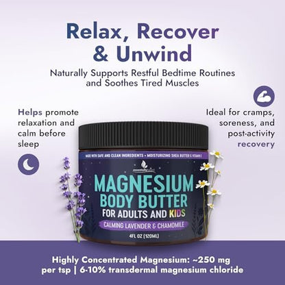 Magnesium Butter for Adults & Kids 4oz - Natural Magnesium Lotion for Sleep, Leg Cramps & Muscle Relaxation with Shea Butter & Vitamin E Avelisse