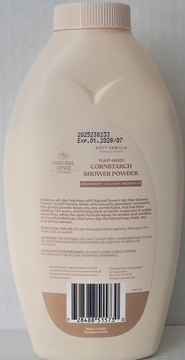 Natural Sense Shower Powder SOFT VANILLA - Plant-Based Cornstarch Dusting Powder, 10 oz Avelisse