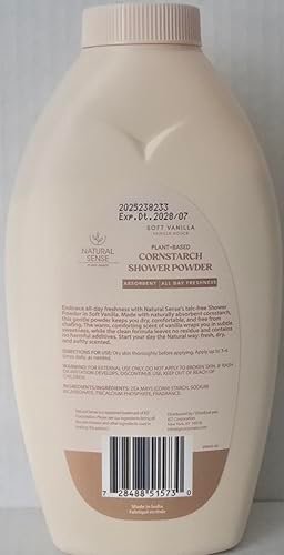 Natural Sense Shower Powder SOFT VANILLA - Plant-Based Cornstarch Dusting Powder, 10 oz Avelisse