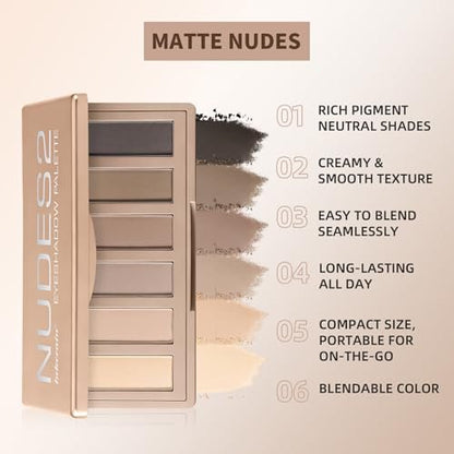NICEFACE NUDES2 Mini Eyeshadow Palette - 6 Matte Neutral Nude Eyeshadows, Highly Pigmented & Long-Lasting Waterproof, Creamy Blendable Travel Size Palette for All Skin Types