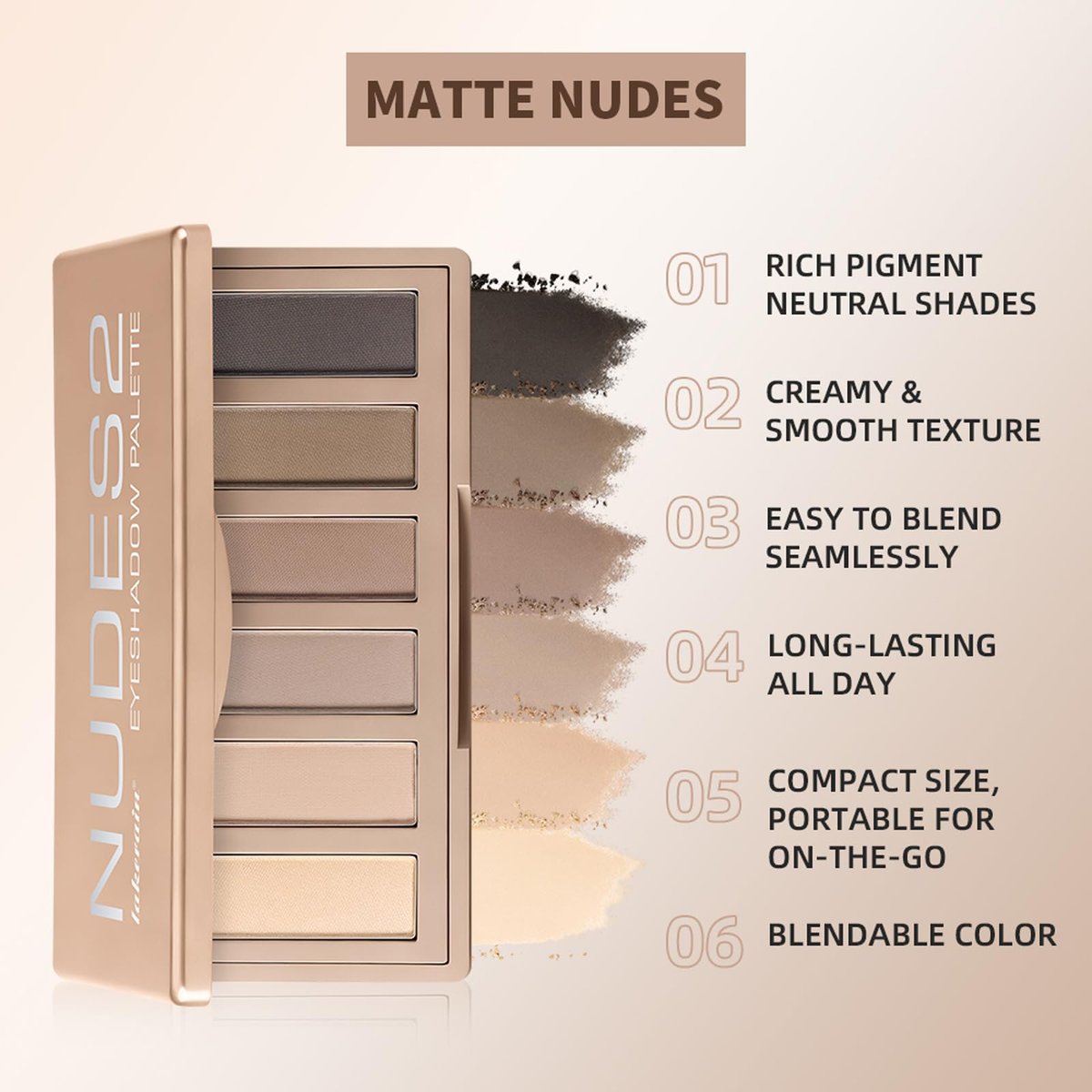 NICEFACE NUDES2 Mini Eyeshadow Palette - 6 Matte Neutral Nude Eyeshadows, Highly Pigmented & Long-Lasting Waterproof, Creamy Blendable Travel Size Palette for All Skin Types - görsel 5