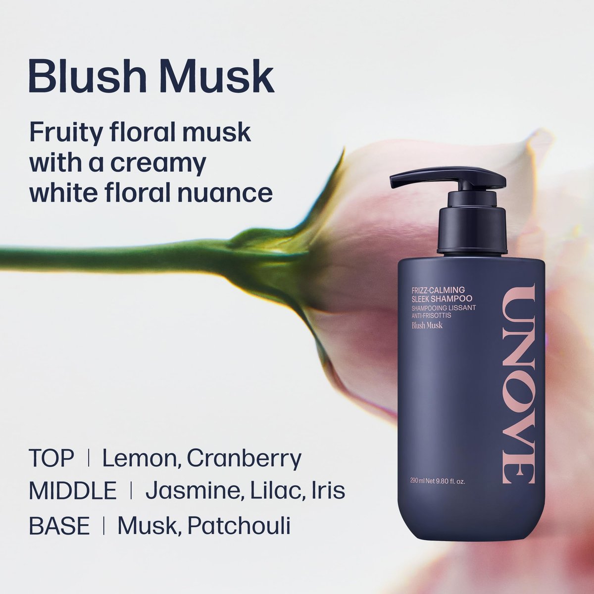 UNOVE Frizz-Calming Sleek Shampoo - Anti-Frizz Hydrating Shampoo for Frizzy Hair, Gentle Cleansing for Softness & Glossy Shine, Humidity-Resistant Frizz Control, Blush Musk, 290 mL Avelisse