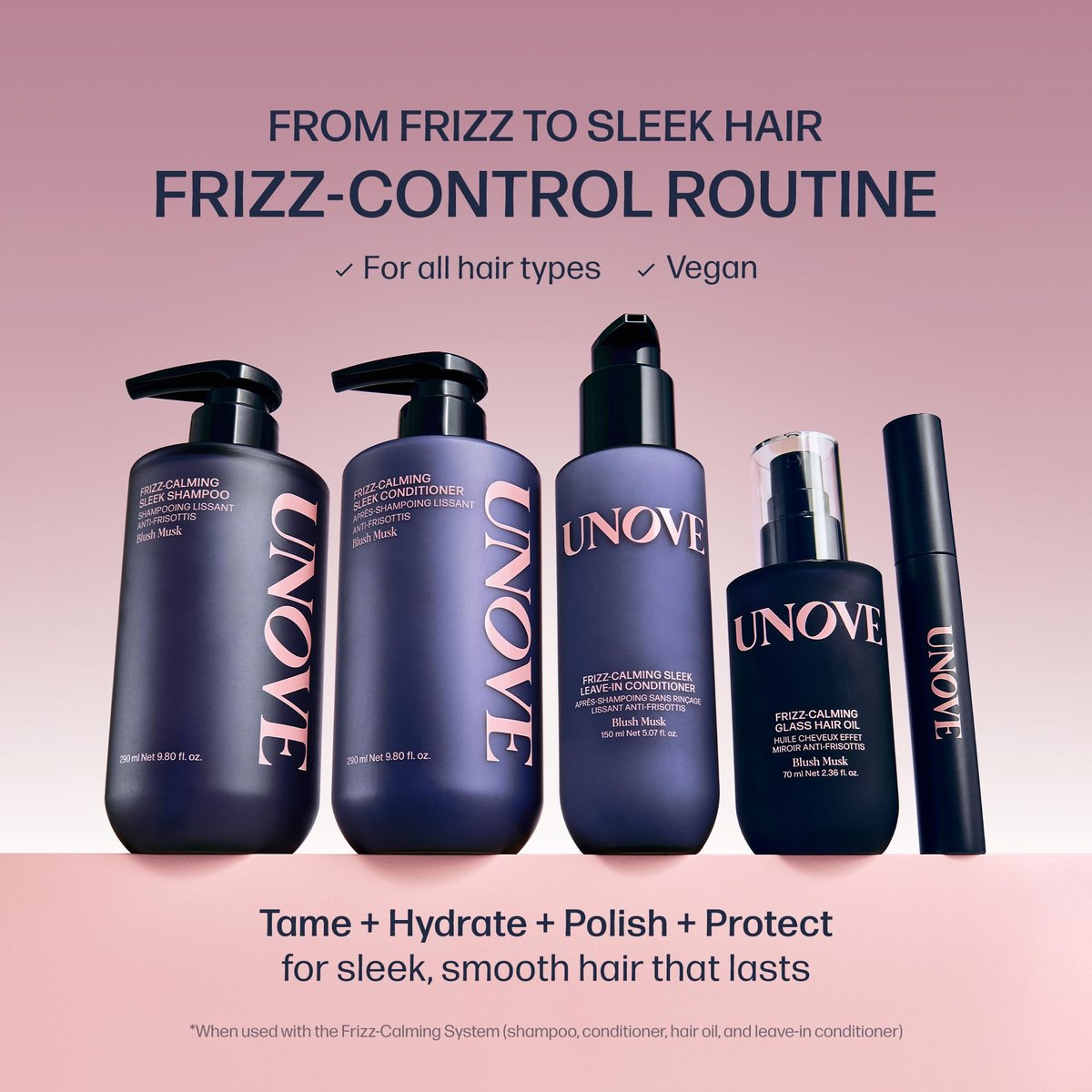 UNOVE Frizz-Calming Sleek Shampoo - Anti-Frizz Hydrating Shampoo for Frizzy Hair, Gentle Cleansing for Softness & Glossy Shine, Humidity-Resistant Frizz Control, Blush Musk, 290 mL Avelisse