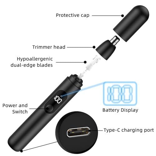 Smity Nose Hair Trimmer - Rechargeable Cordless Painless Dual Edge Blades Razor with LED Light for Men & Women (Black) Avelisse