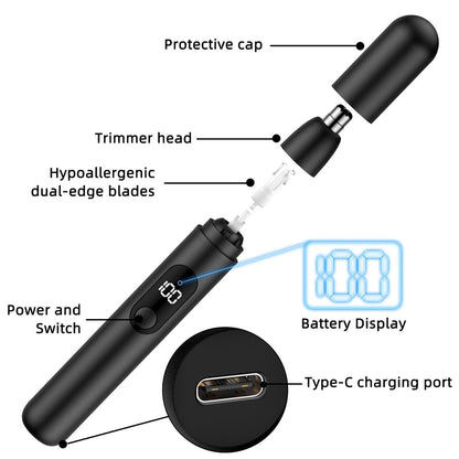 Smity Nose Hair Trimmer - Rechargeable Cordless Painless Dual Edge Blades Razor with LED Light for Men & Women (Black) Avelisse