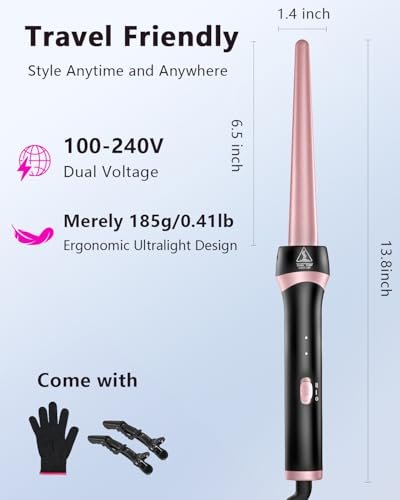 Santiway Tapered Curling Wand 0.5-1 Inch - Professional Ceramic Curling Iron for All Hair Types with Heat-Resistant Glove, Dual Voltage, Rose Gold Avelisse