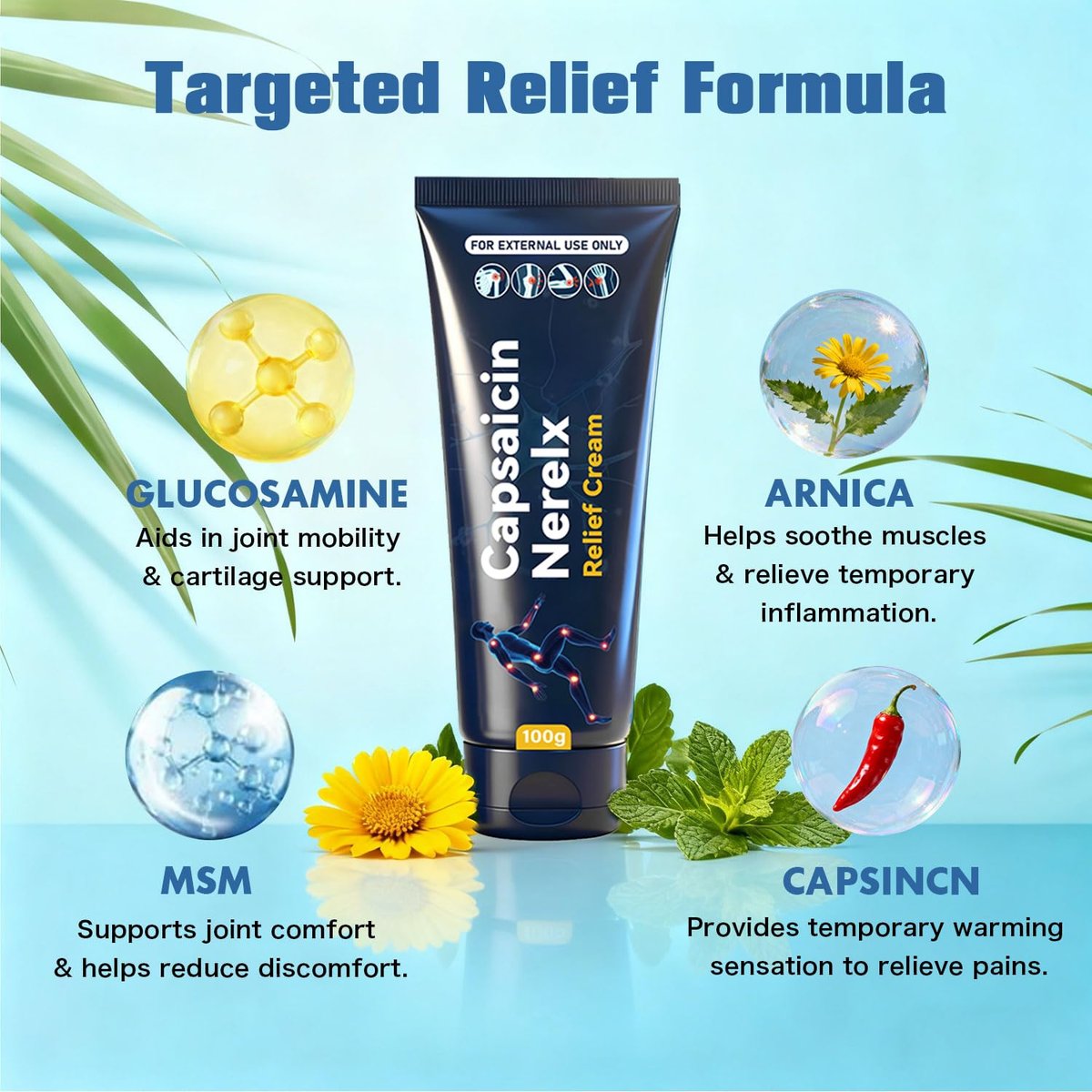 EdenEdges Capsaicin Neuropathy Relief Cream - Targeted Formula with Capsaicin, Arnica, MSM & Menthol for Feet, Hands, Legs & Joints - Fast-Absorbing Daily Support for Muscle & Nerve Discomfort, 100g Avelisse