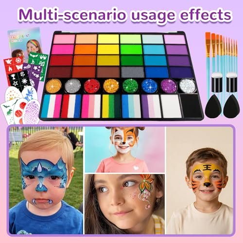 52 Colors Face Painting Kit for Kids – Non-Toxic Water Activated Face Paint Makeup Set with Glitter Gel, Brushes, Sponges & Stencils for Parties, Halloween, School Events & Festivals Avelisse