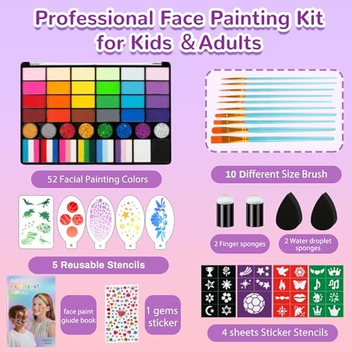 52 Colors Face Painting Kit for Kids – Non-Toxic Water Activated Face Paint Makeup Set with Glitter Gel, Brushes, Sponges & Stencils for Parties, Halloween, School Events & Festivals Avelisse
