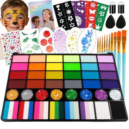52 Colors Face Painting Kit for Kids – Non-Toxic Water Activated Face Paint Makeup Set with Glitter Gel, Brushes, Sponges & Stencils for Parties, Halloween, School Events & Festivals Avelisse
