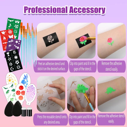 52 Colors Face Painting Kit for Kids – Non-Toxic Water Activated Face Paint Makeup Set with Glitter Gel, Brushes, Sponges & Stencils for Parties, Halloween, School Events & Festivals Avelisse