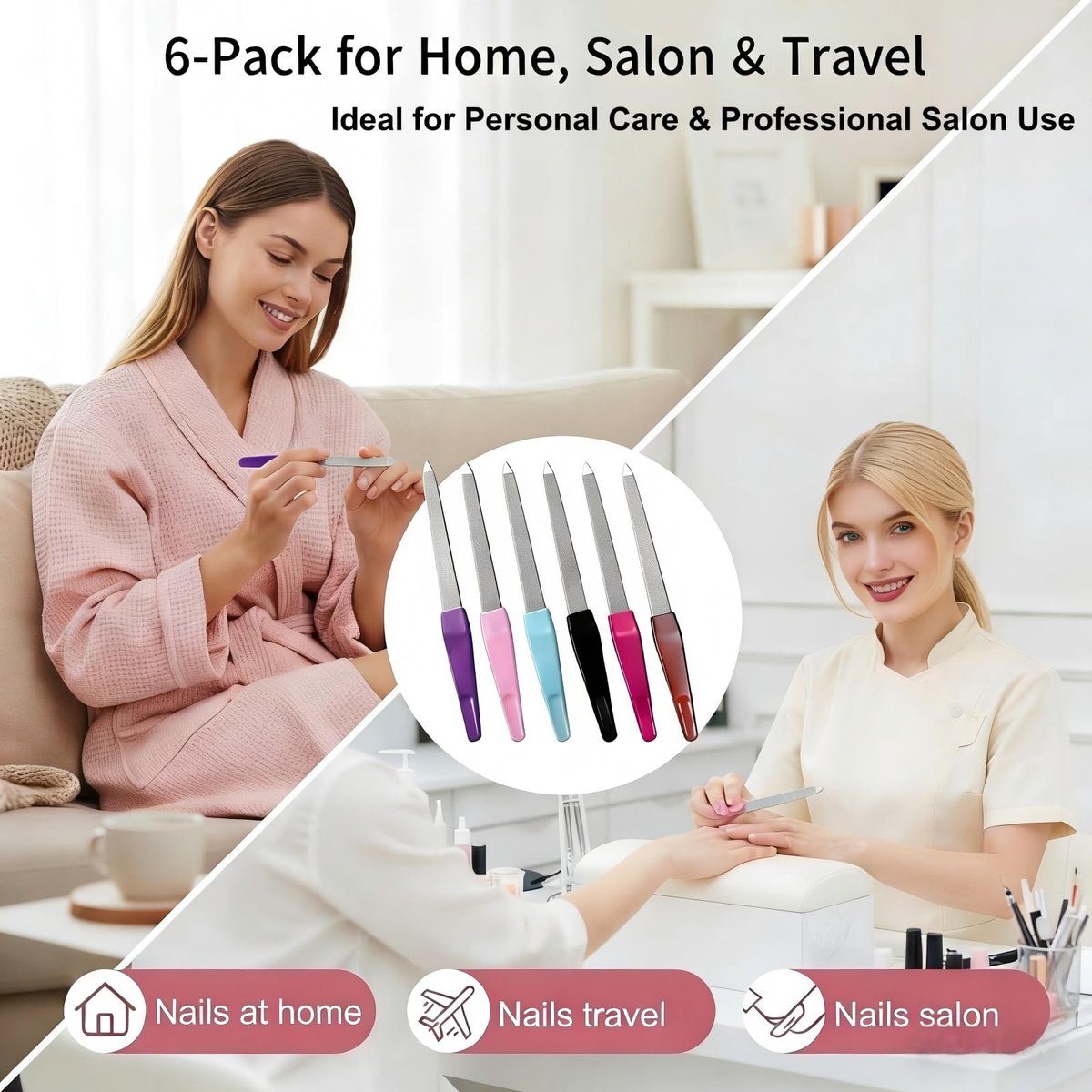 HIWRBDTI 6 Pack Metal Nail File Set for Natural Nails – Professional Stainless Steel Sword Fingernail Files with Sharp Tip & Non-Slip Handle, Thin Sapphire Grit Diamond Files for Women & Men Avelisse
