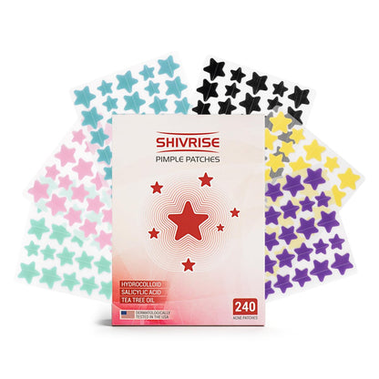 Shivrise Star Pimple Patches - 240 Counts, Star Shape Hydrocolloid Acne Patches for Face, Cover Blemishes & Zits, 3 Sizes & 6 Colors