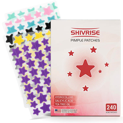 Shivrise Star Pimple Patches - 240 Counts, Star Shape Hydrocolloid Acne Patches for Face, Cover Blemishes & Zits, 3 Sizes & 6 Colors