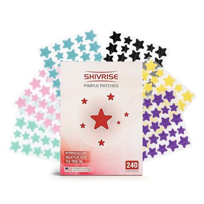 Shivrise Star Pimple Patches - 240 Counts, Star Shape Hydrocolloid Acne Patches for Face, Cover Blemishes & Zits, 3 Sizes & 6 Colors