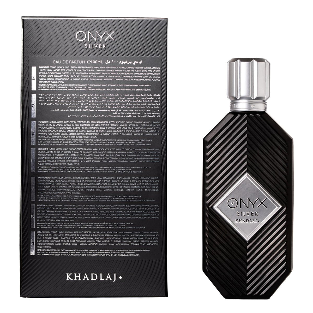 Khadlaj Onyx Silver – Fresh Spicy Woody Amber Eau de Parfum for Men – 3.4 oz (100ml) Long-Lasting Avelisse