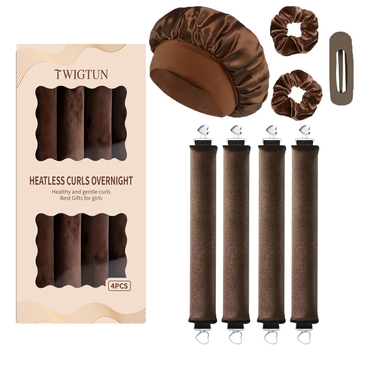 Heatless Curls Overnight Hair Curlers – 4 Pcs No-Heat Velvet Curling Rods with Satin Wrap and Shower Cap (Medium, New Packaging) - görsel 1