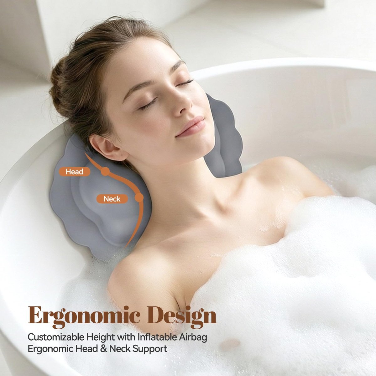 SHOHEN Silicone Bath Pillow for Tub – Inflatable Bathtub Pillow for Head & Neck Support, Waterproof Cushion for Jetted Tub, Gifts for Mom Women (Gray) Avelisse