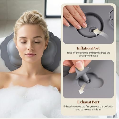 SHOHEN Silicone Bath Pillow for Tub – Inflatable Bathtub Pillow for Head & Neck Support, Waterproof Cushion for Jetted Tub, Gifts for Mom Women (Gray) Avelisse