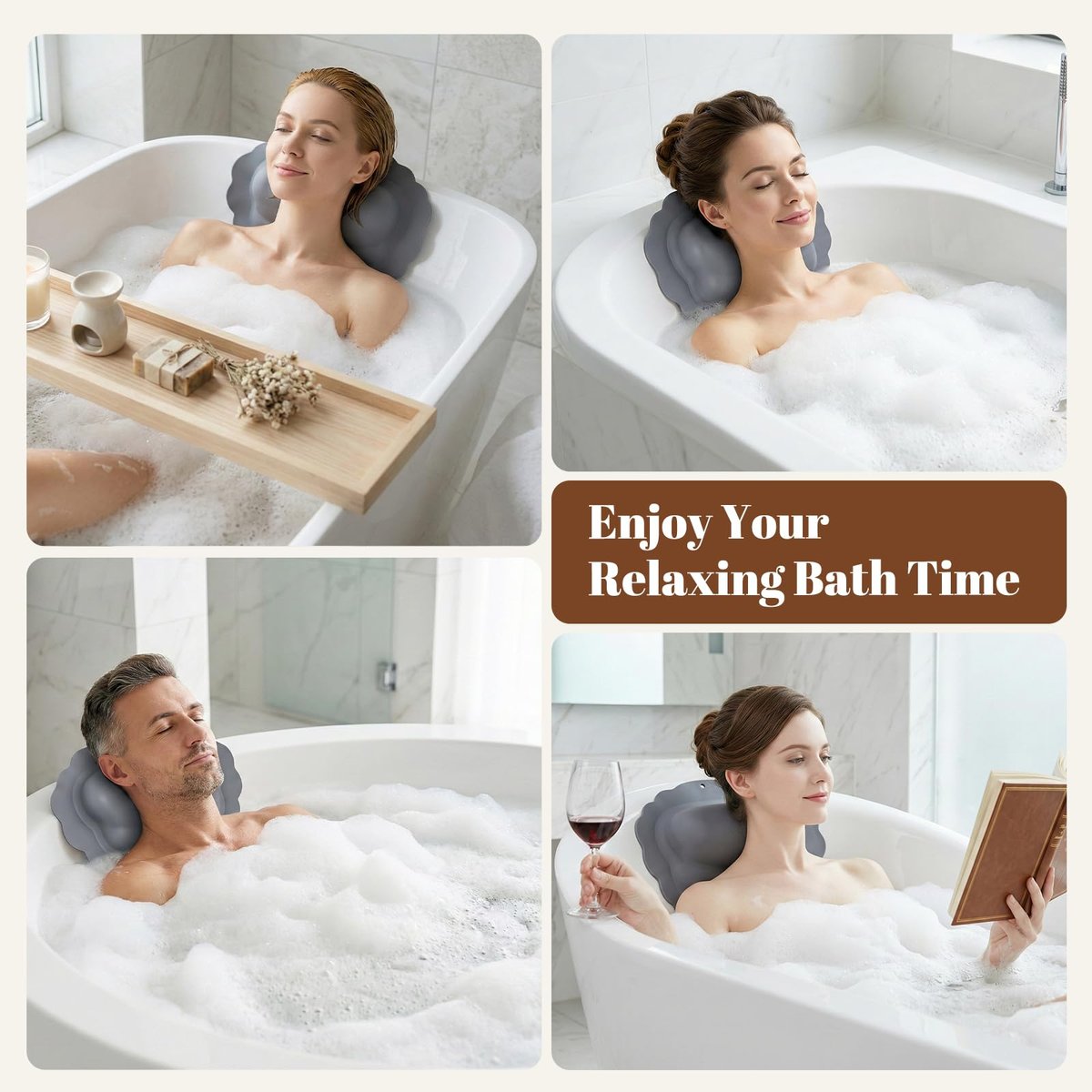SHOHEN Silicone Bath Pillow for Tub – Inflatable Bathtub Pillow for Head & Neck Support, Waterproof Cushion for Jetted Tub, Gifts for Mom Women (Gray) Avelisse
