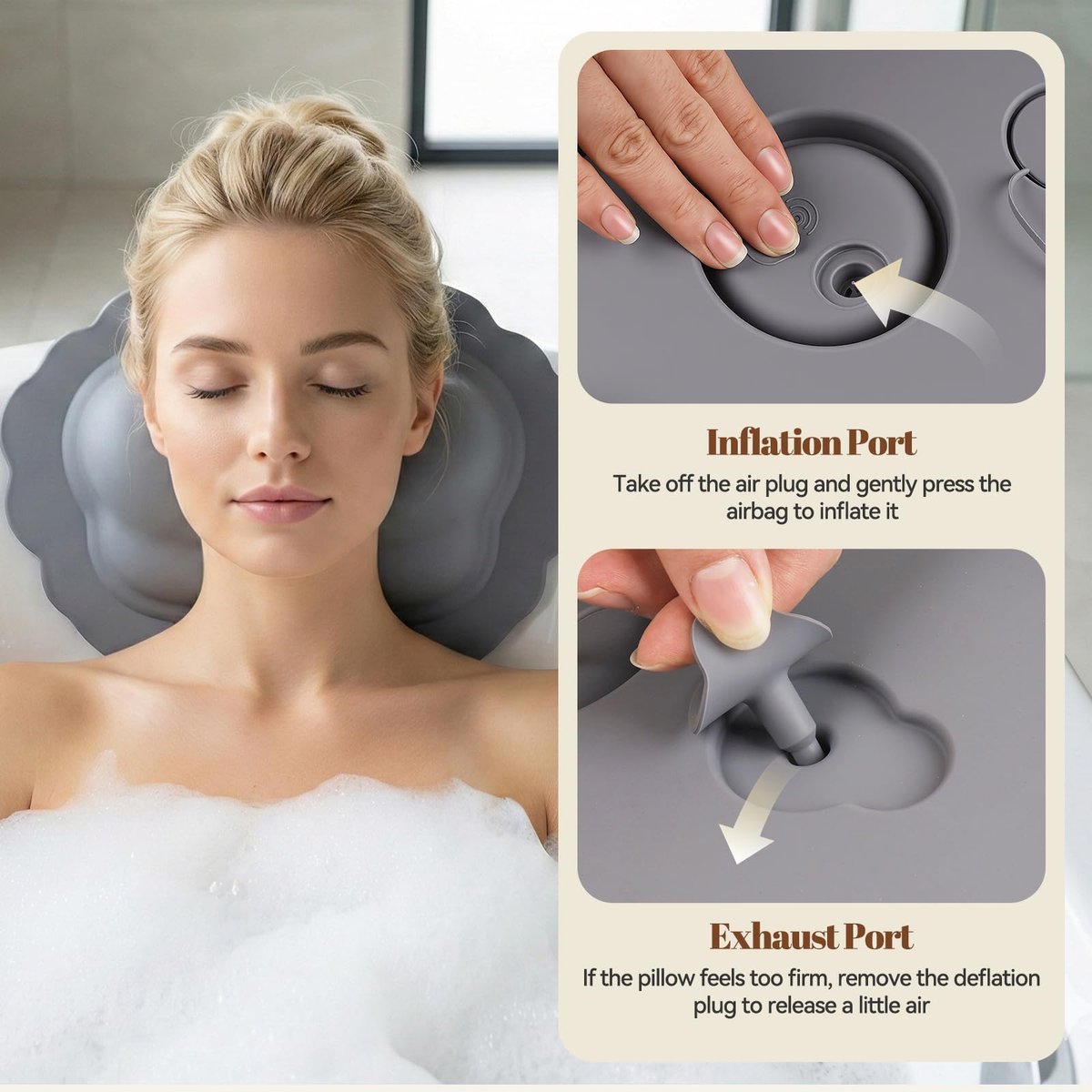 SHOHEN Silicone Bath Pillow for Tub – Inflatable Bathtub Pillow for Head & Neck Support, Waterproof Cushion for Jetted Tub, Gifts for Mom Women (Gray) Avelisse